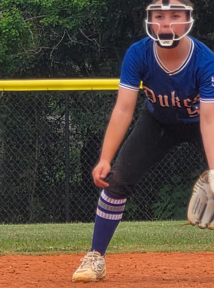 Alexis Arnold set in her fielding stance for the Lady Dukes.